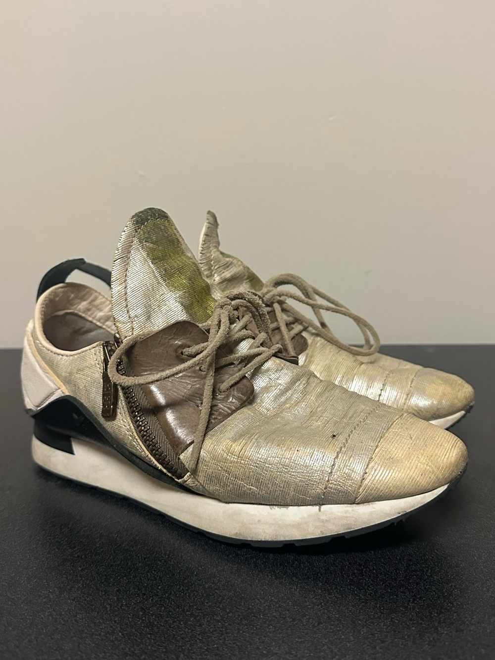A.S.98 Lace Up Side Zip Leather Sneakers Size 37 6-6.5 Distressed Silver Boho